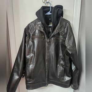 Men's Brown Vegan Faux Leather Jacket With Removable Black Hood xl